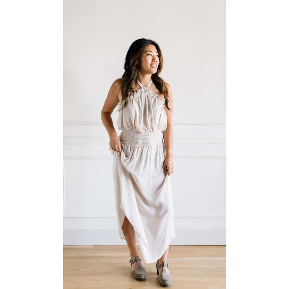 Miou Muse Bohemian Flowy Midi Drape Dress Green High Neck Boho Cruise Travel M